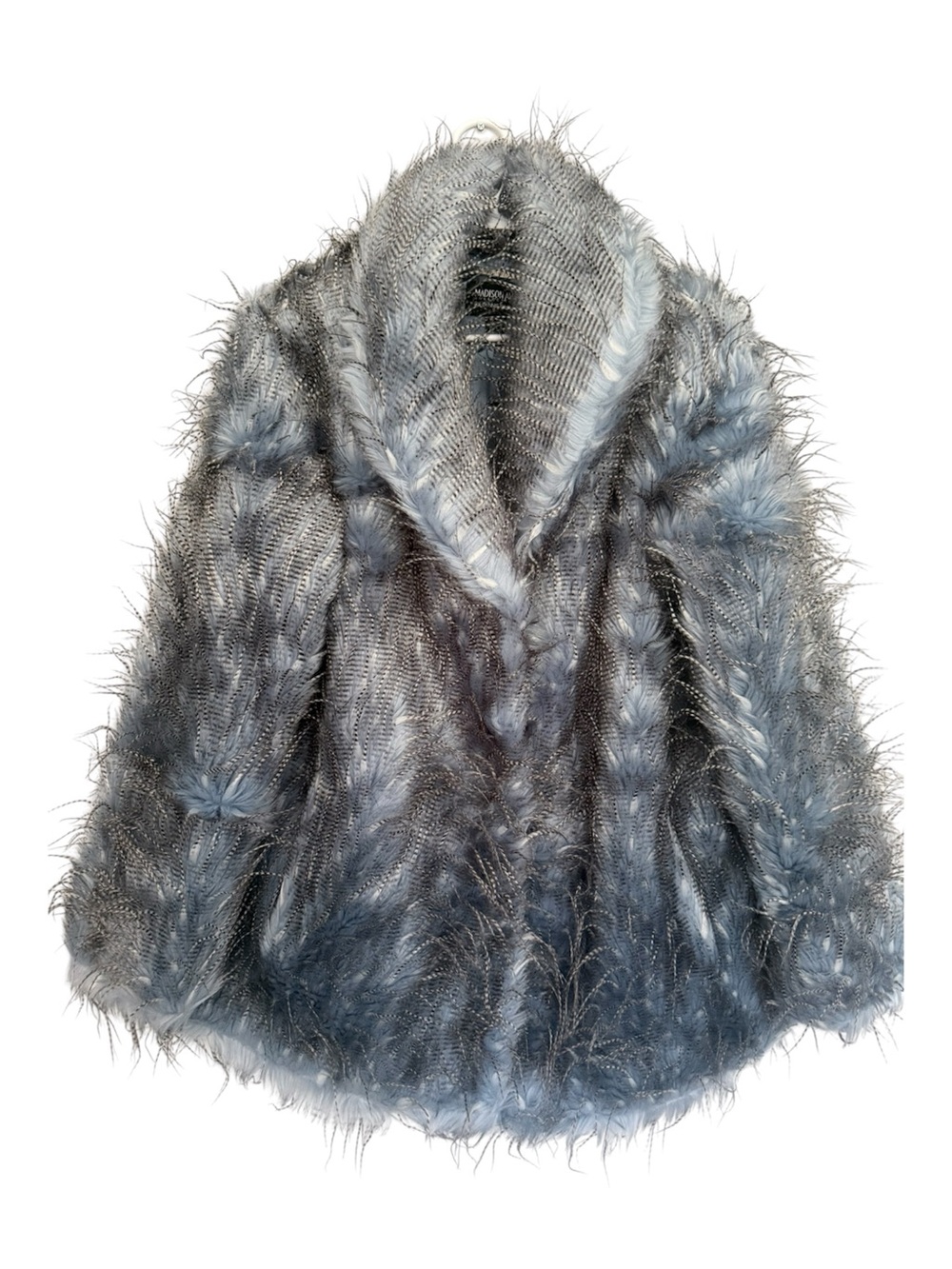 Dennis Basso Madison Ave Faux Fur Feathered Shawl Collar Coat Blue Gray Size M